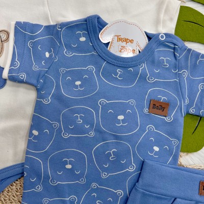 Conj. de Malha 3 peças - Bear Fofinho com Estrelinhas - Azul e Off White